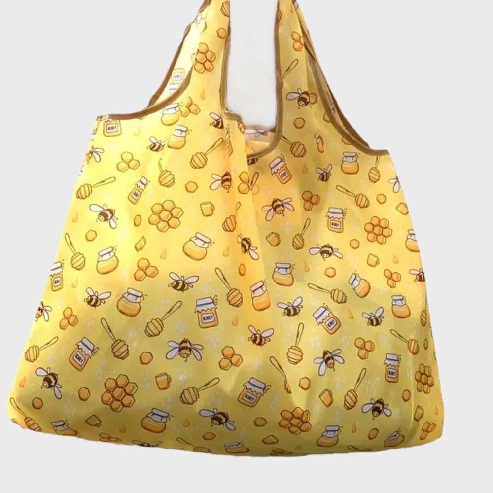 Bee Print Foldable Reusable Shopping Grocery Tote Bag Yellow NWT